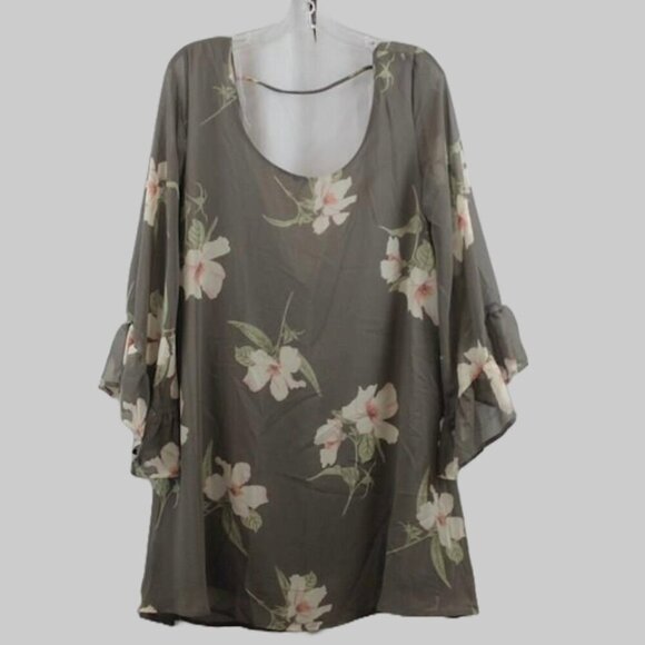 By Together Womens Gray Floral Ruffle Bell Sleeve Sz L - Picture 1 of 4